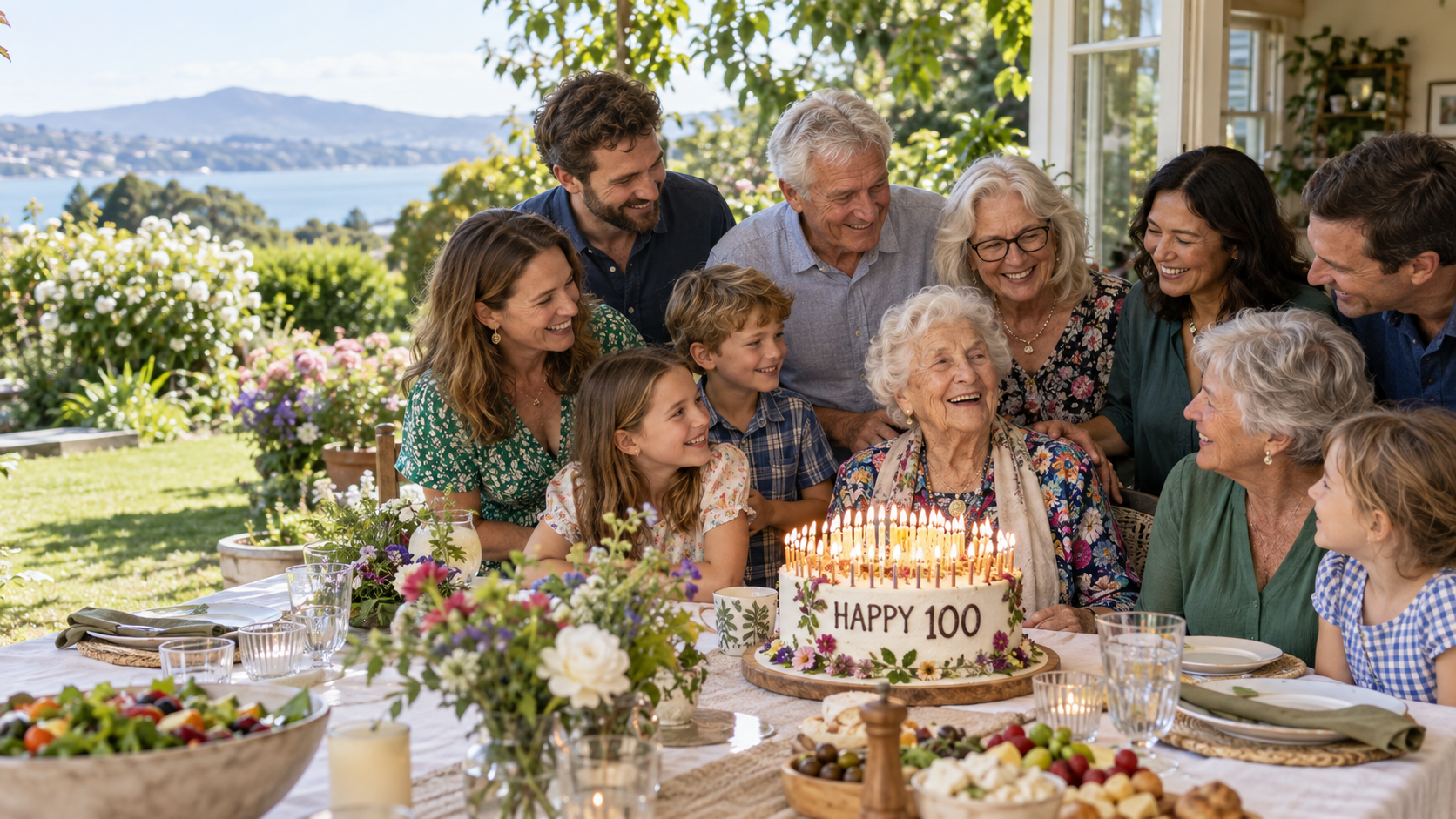 A joyful centenarian celebrating a one hundredth birthday with family and friends around a cake marked Happy 100