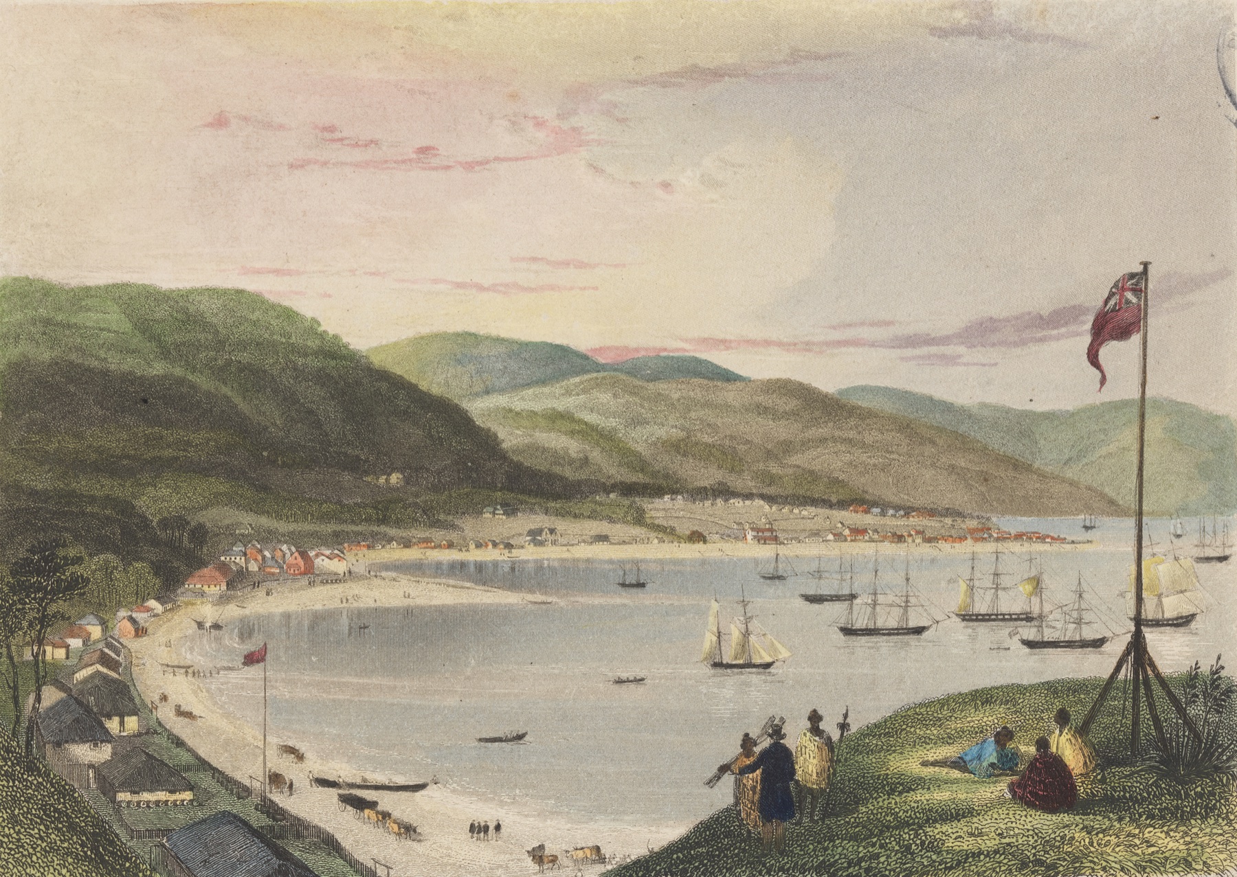 Lambton Harbour and the early Wellington settlement around 1840, with sailing ships at anchor